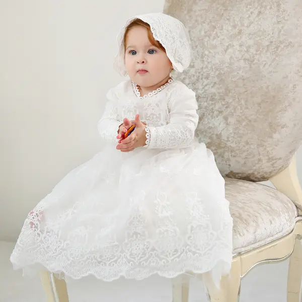 【0M-24M】2-piece Baby Girl White Lace Embroidered Princess Dress With Hat - Popopieshop.com 