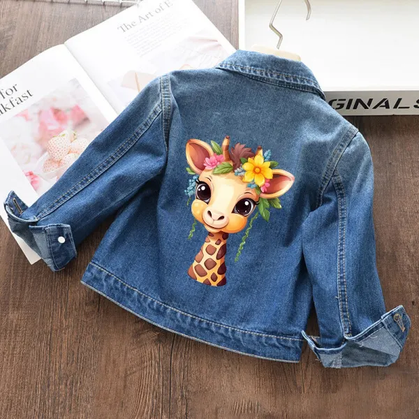 【18M-11Y】Girls Fashion Flower And Giraffe Print Blue Denim Jacket - Popopie.com 