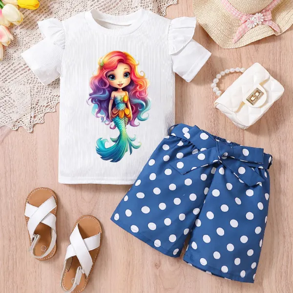 【2Y-8Y】2-piece Girls Fashion Mermaid Print Ruffled Short-sleeved T-shirt And Polka Dots Shorts Set - Popopieshop.com 