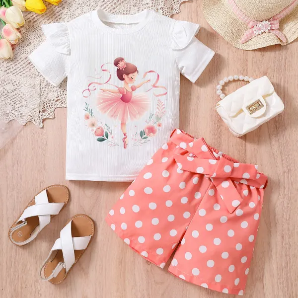 【2Y-8Y】2-piece Girls Fashion Ballerina Girl Print Ruffled Short-sleeved T-shirt And Polka Dots Shorts Set - Popopieshop.com 