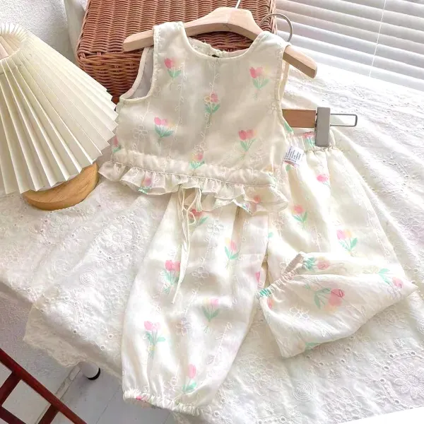 【12M-6Y】2-piece Girls Sweet Chiffon Floral Print Sleeveless Strappy Top And Bloomers Set - 34625 - Popopieshop.com 