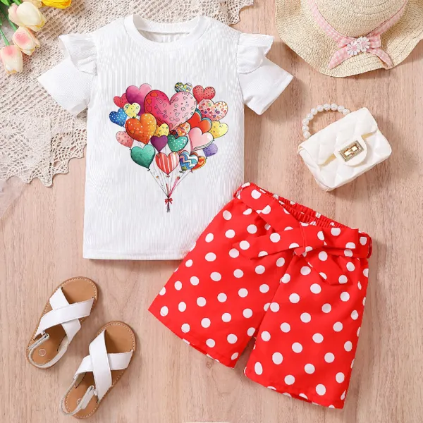 【2Y-8Y】2-piece Girls Colorful Heart-shaped Balloons Print Ruffled Short-sleeved T-shirt And Polka Dots Shorts Set - Popopieshop.com 