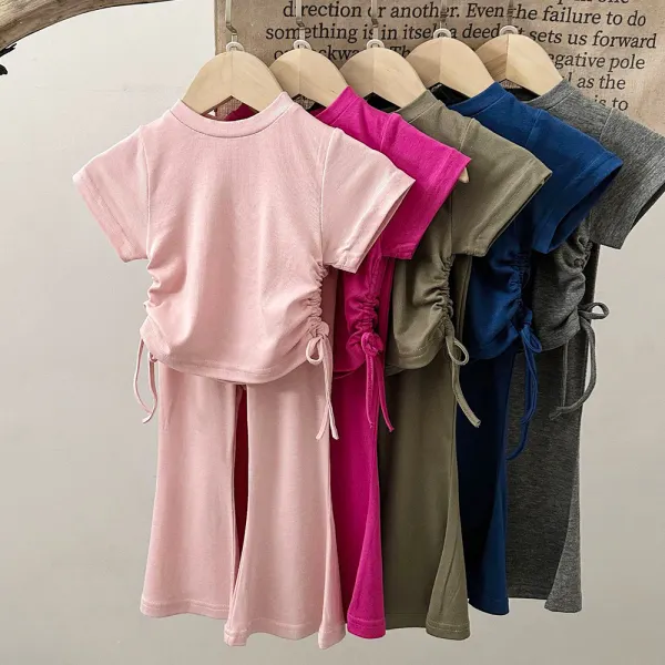 【18M-8Y】2-piece Girls Fashion Solid Color Drawstring Short-sleeved T-shirt And Flare Pants Set - Popopieshop.com 