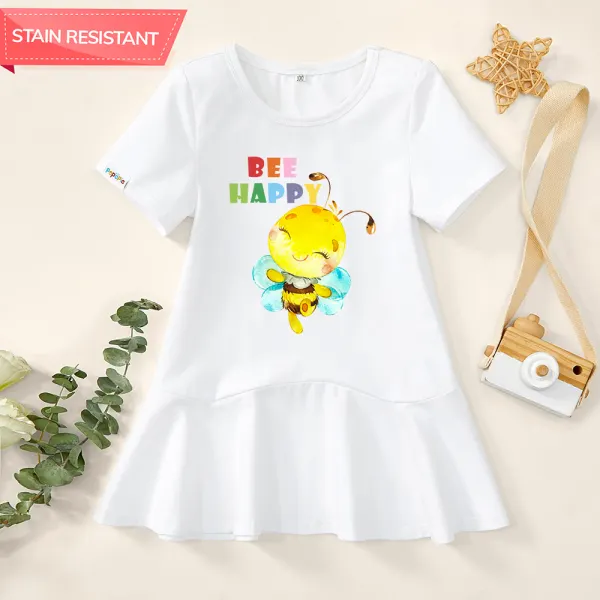 【18M-9Y】Girl Bee And Letter Print Stain Resistant Cotton Short-Sleeved Dress Only $16.99 - Popopieshop.com 