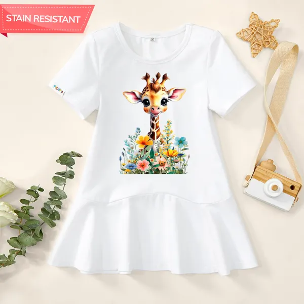 【18M-9Y】Girl Giraffe And Flowers Print Stain Resistant Cotton Short-Sleeved Dress - Popopieshop.com 