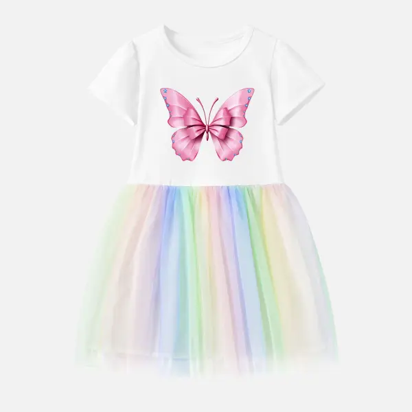 【12M-7Y】Girls Pink Star Butterfly Print Cotton Stain Resistant Splicing Tulle Short Sleeve Dress - Popopieshop.com 