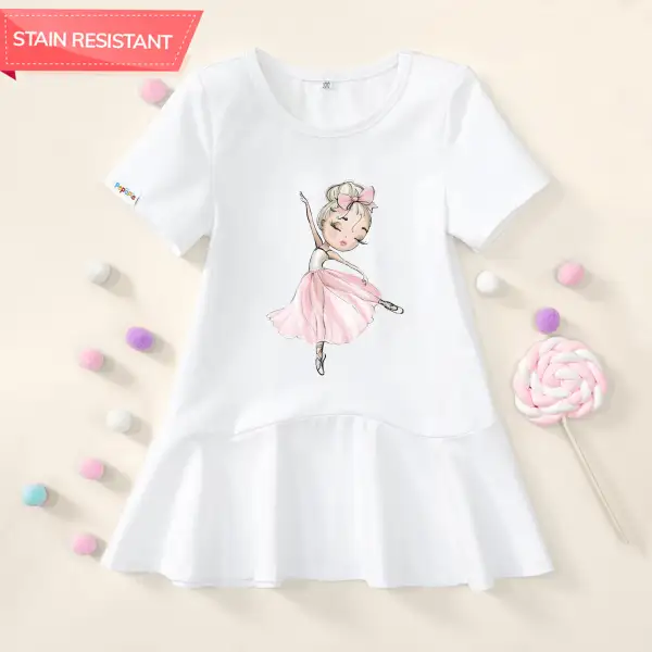 【18M-9Y】Girl Stain Resistant Ballerina Girl Print Short-sleeved Dress - Popopieshop.com 