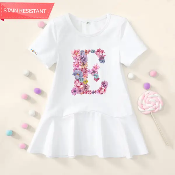 【18M-9Y】Girl Stain Resistant Floral Letter Print Short-sleeved Dress Only $16.99 - Popopieshop.com 