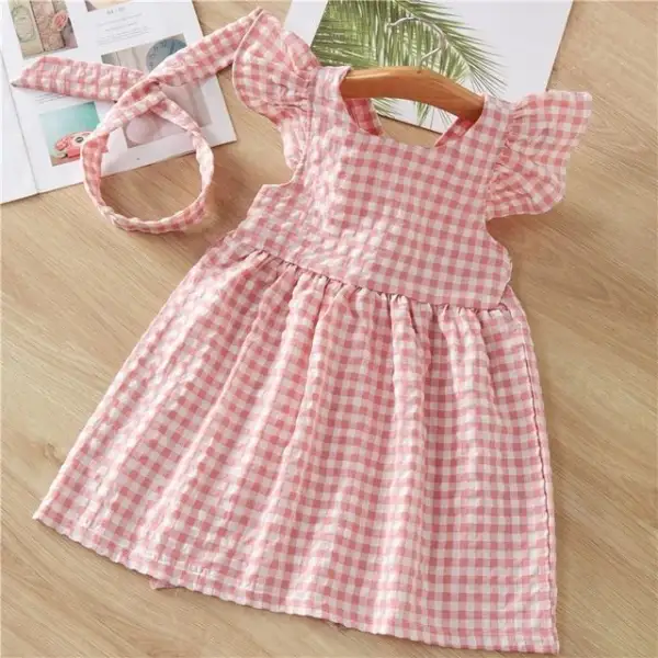【12M-6Y】2-piece Girls Sweet Plaid Ruffled Sleeveless Dress With Headband - 33432 - Popopieshop.com 