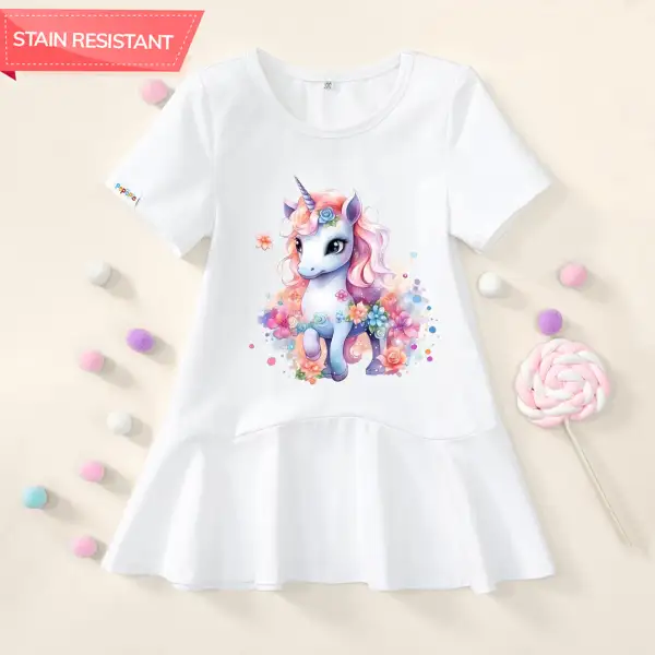 【18M-9Y】Girl Stain Resistant Unicorn Print Short-sleeved Dress - Popopieshop.com 