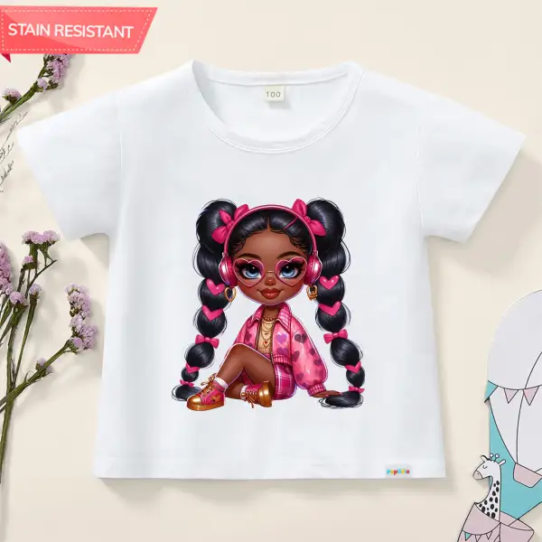 【12M-9Y】Girl Cotton Stain Resistant Beautiful Girl Print Short Sleeve T-shirt - Popopieshop.com 