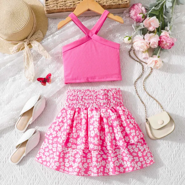 【18M-6Y】2-piece Girls Stylish Rose Vest And Floral Print Skirt Set - Popreal.com 
