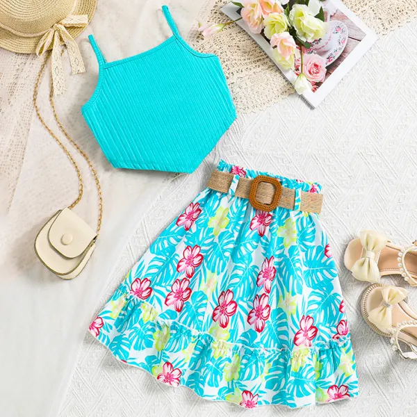 【7Y-12Y】2-piece Girls Stylish Blue Camisole And Floral Skirt Set With Belt - Popopieshop.com 