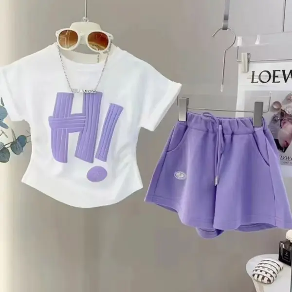【2Y-12Y】2-piece Girls Fashion Cotton Letter Print Short Sleeve T-shirt And Shorts Set - 34648 - Popopieshop.com 