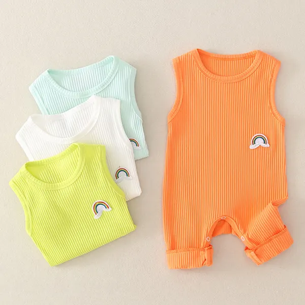 【3M-3Y】Unisex Baby Multicolor Rainbow Embroidered Sleeveless Jumpsuit - Popopieshop.com 