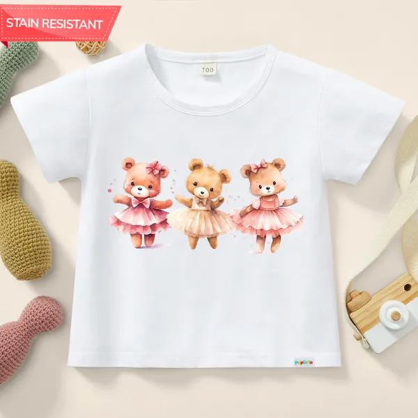 【12M-9Y】Girl Cute Ballet Bear Print Cotton Stain Resistant Short Sleeve T-shirt Only $11.99 - Popopieshop.com 