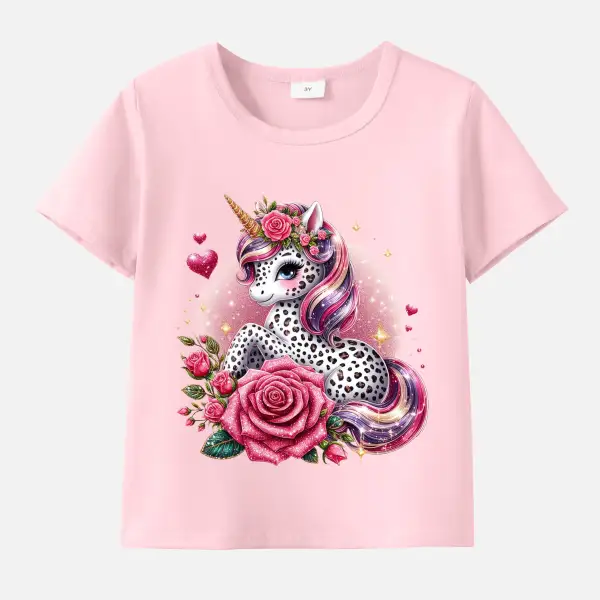 【12M-9Y】Girl Cotton Stain Resistant Unicorn Print Short Sleeve T-shirt - Popopieshop.com 