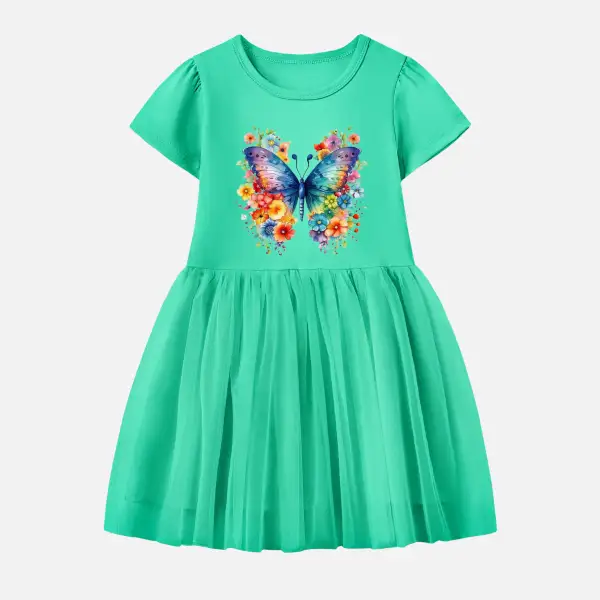【12M-7Y】Girl Cotton Stain Resistant Colorful Butterfly Print Splicing Tulle Short Sleeve Dress - Popopieshop.com 