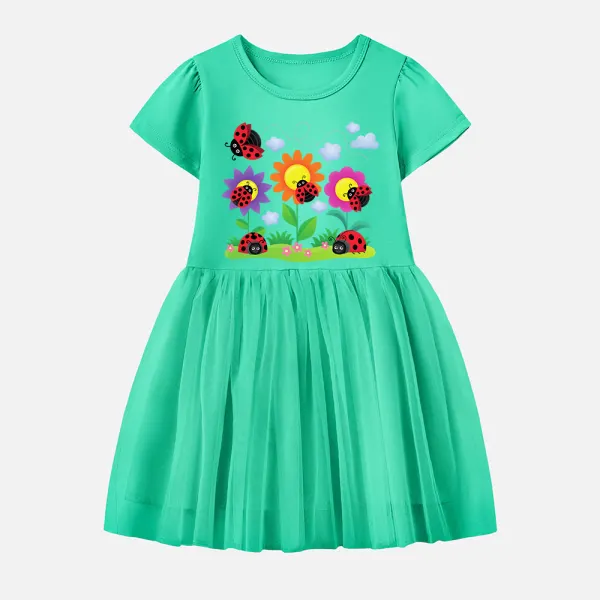 【12M-7Y】Girl Cotton Stain Resistant Ladybug Print Splicing Tulle Short Sleeve Dress - Popopieshop.com 