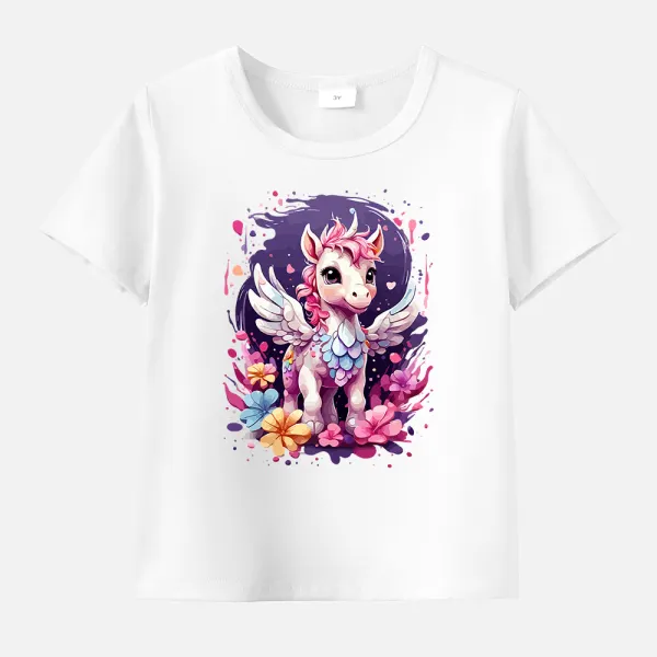 【12M-9Y】Girls Cotton Stain Resistant Cartoon Unicorn Short Sleeve Tee Only $11.99 - Popopieshop.com 