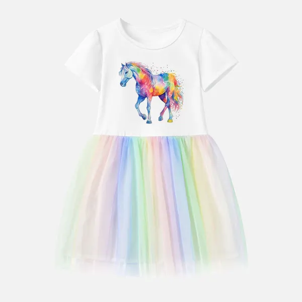 【12M-7Y】Girl Cotton Stain Resistant Rainbow Horse Print Splicing Tulle Short Sleeve Dress - Popopieshop.com 