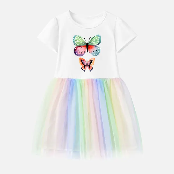 【12M-7Y】Girl Cotton Stain Resistant Butterfly Print Splicing Tulle Short Sleeve Dress - Popopieshop.com 