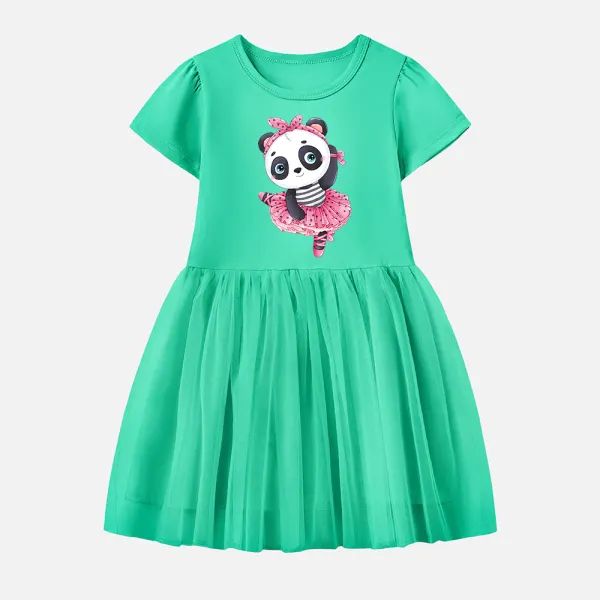 【12M-7Y】Girl Cotton Stain Resistant Panda Print Splicing Tulle Short Sleeve Dress - Popopieshop.com 