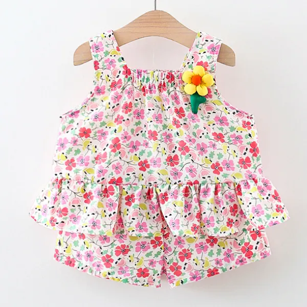 【9M-3Y】2-piece Baby Girl Sweet Floral Print Ruffle Top And Shorts Set - Popopieshop.com 