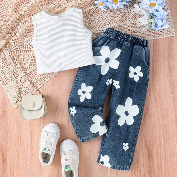 【18M-6Y】2-piece Girls Fashion Solid Color Sleeveless Top And Butterfly Flower Print Jeans Set - 34640 - Popreal.com 