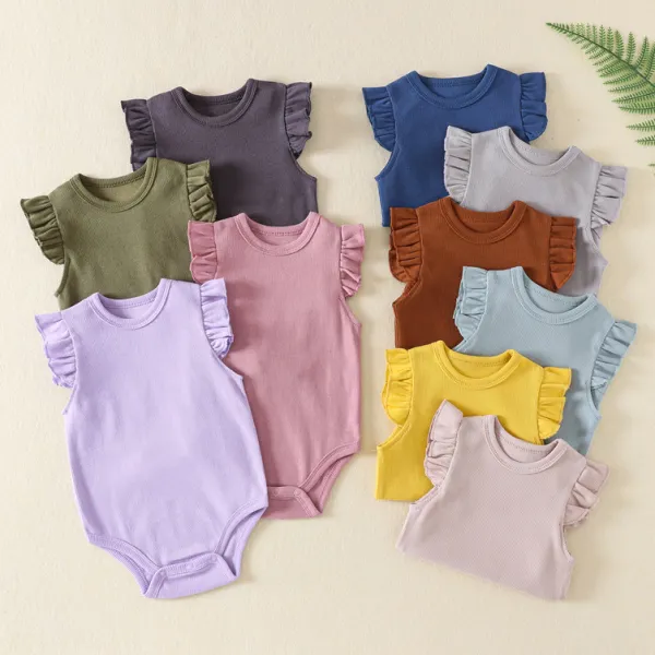【0M-24M】Baby Girl Solid Color Ruffle Sleeve Romper - Popopieshop.com 