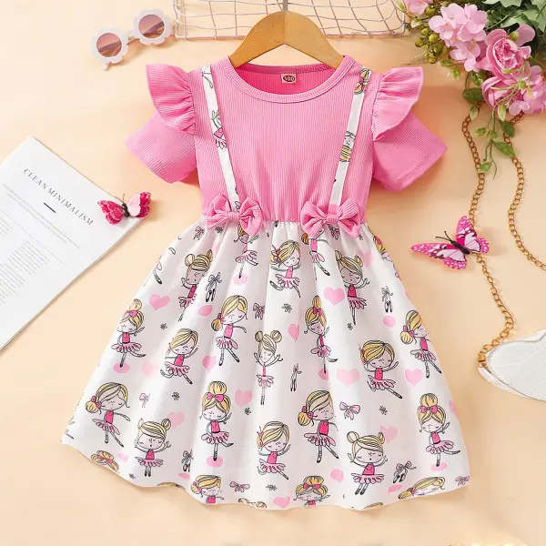 【18M-6Y】Girls Fashion Sweet Fake Two Piece Stitched Ballerina Girl Print Short Sleeve Dress - 33435 - Popopieshop.com 