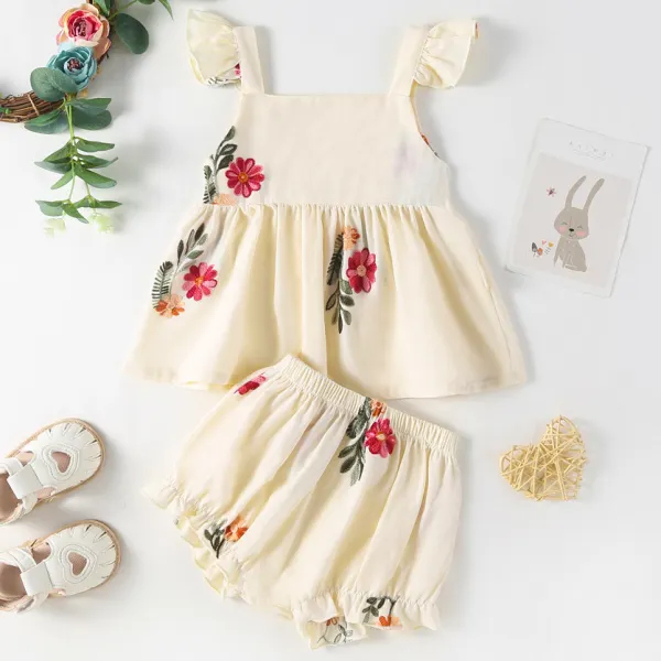 【3M-24M】2-piece Baby Girl Sweet Floral Embroidered Ruffle Top And Shorts Set - Popopieshop.com 