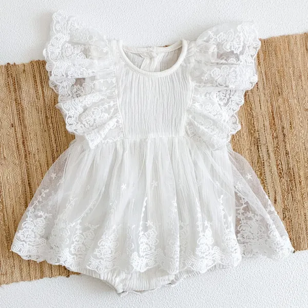 【3M-24M】Baby Girl White Lace Embroidered Ruffle Romper - Popopieshop.com 