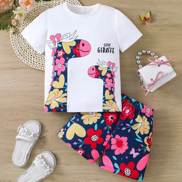 【2Y-6Y】2-piece Girls Cute Giraffe And Floral And Letter Print T-shirt And Shorts Set - Popopie.com 