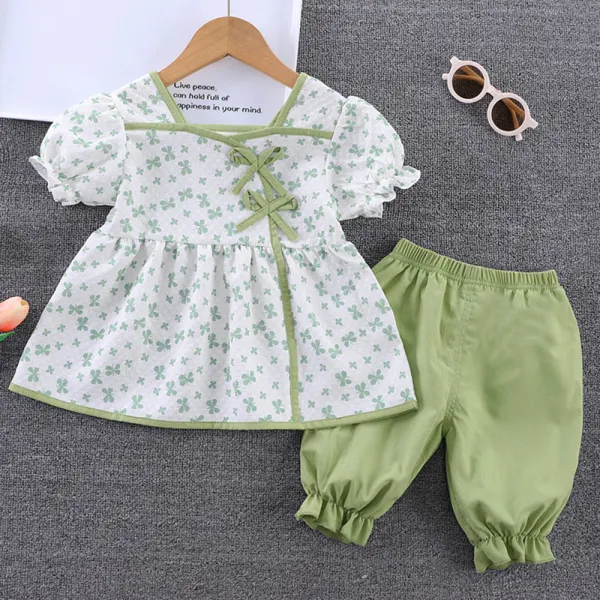 【9M-3Y】2-piece Baby Girl Floral Short Sleeve Top And Shorts Set - Popopieshop.com 