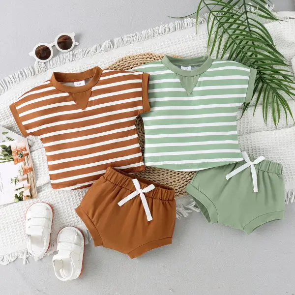 【0M-18M】2-piece Unisex Baby Cotton Striped Short Sleeve T-shirt And Shorts Set - Popopieshop.com 