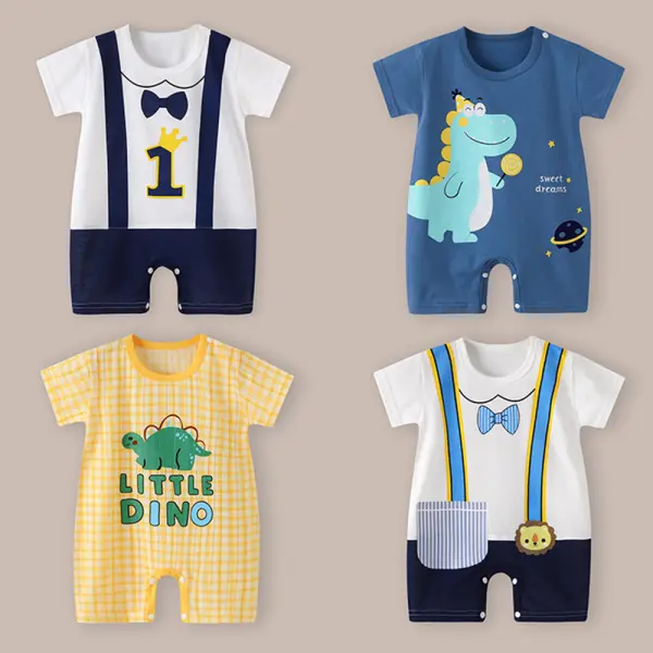 【0M-24M】Baby Boy Cute Fake Two-piece Cartoon Print Short-sleeved Romper - Popopieshop.com 