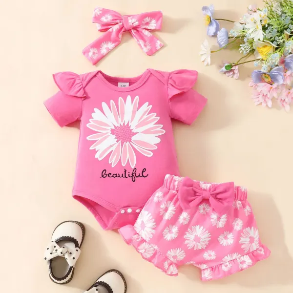 【0M-18M】3-piece Baby Girl Sweet Floral Print Romper And Shorts Set With Hairband - Popopieshop.com 