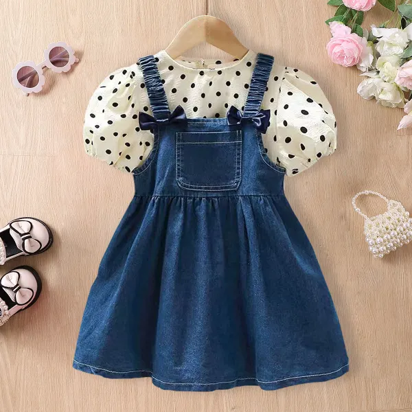 【12M-8Y】2-piece Girls Sweet Polka Dot Puff Sleeve Top And Denim Strap Dress Set - 34699 - Popopieshop.com 