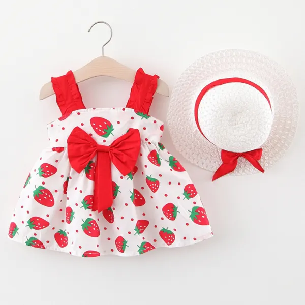 【9M-3Y】2-piece Baby Girl Bow Strawberry Print Sling Dress With Hat - Popopieshop.com 