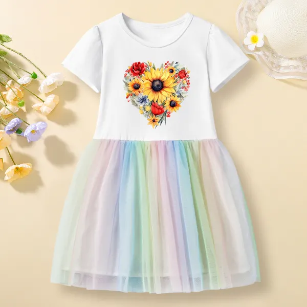 【12M-7Y】Girls Heart Shaped Floral Print Cotton Stain Resistant Splicing Tulle Short Sleeve Dress - Popopieshop.com 