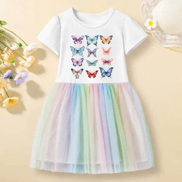 【12M-7Y】Girls Butterfly Print Cotton Stain Resistant Splicing Tulle Short Sleeve Dress - Popopieshop.com 
