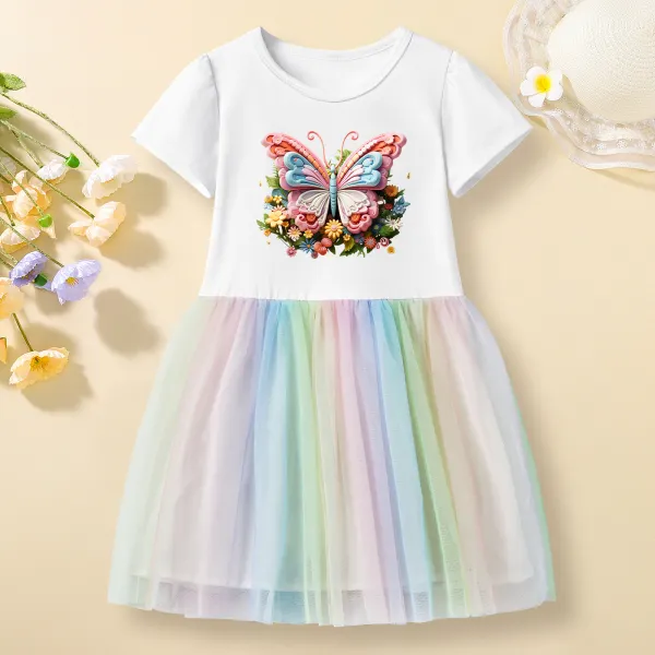 【12M-7Y】Girls Flower And Butterfly Print Cotton Stain Resistant Splicing Tulle Short Sleeve Dress - Popopieshop.com 