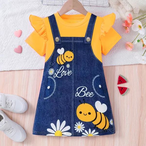 【2Y-6Y】Girls Cute Bee And Letter Printed Fake Two Piece Dress - 33409 - Popopieshop.com 