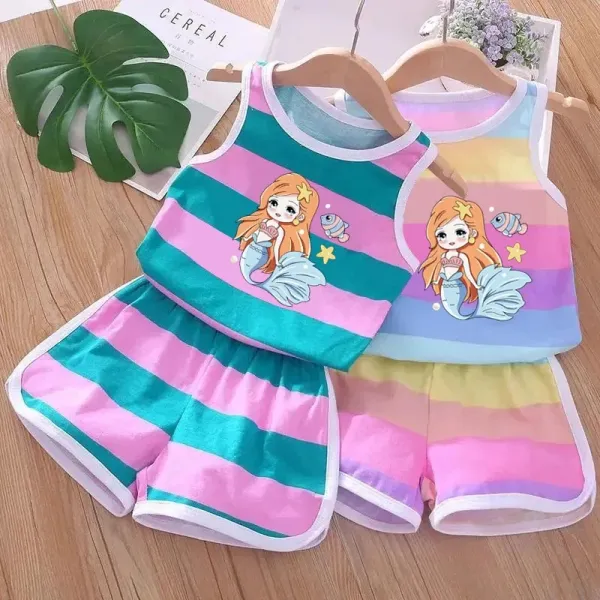 【18M-8Y】2-piece Girls Cute Rainbow Stripe Mermaid Print Tank Top And Shorts Set - Popopie.com 