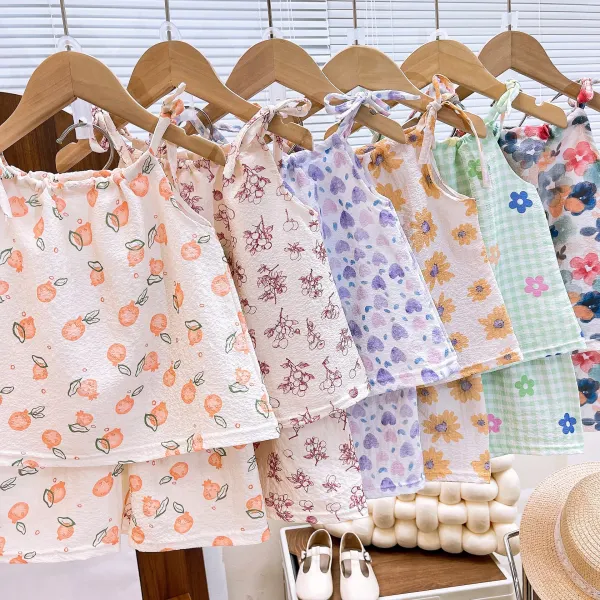 【12M-8Y】2-piece Girls Sweet Floral And Fruit Print Cami Top And Shorts Set - Popopieshop.com 