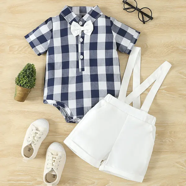 【0M-24M】2-piece Baby Boys Blue Plaid Short Sleeve Romper And Overalls Set - Popopieshop.com 