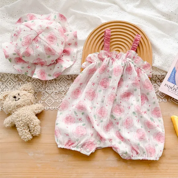【3M-24M】2-piece Baby Girls Cute Floral Printed Sling Romper With Hat - Popopieshop.com 