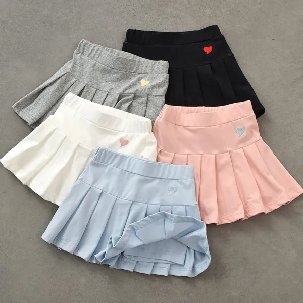 【2Y-15Y】Girls Casual College Heart Shape Embroidered Pleated Skirt - 33279 - Popopie.com 