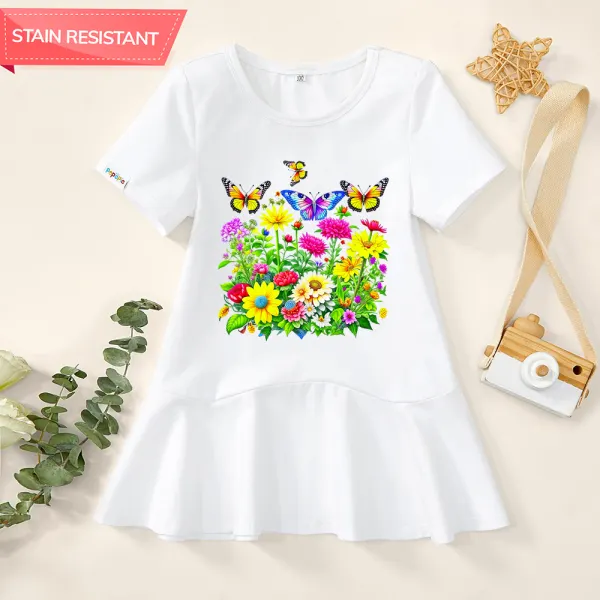 【18M-9Y】Girls Butterfly And Flower Print Stain Resistant Cotton Short Sleeve Dress - Popopieshop.com 